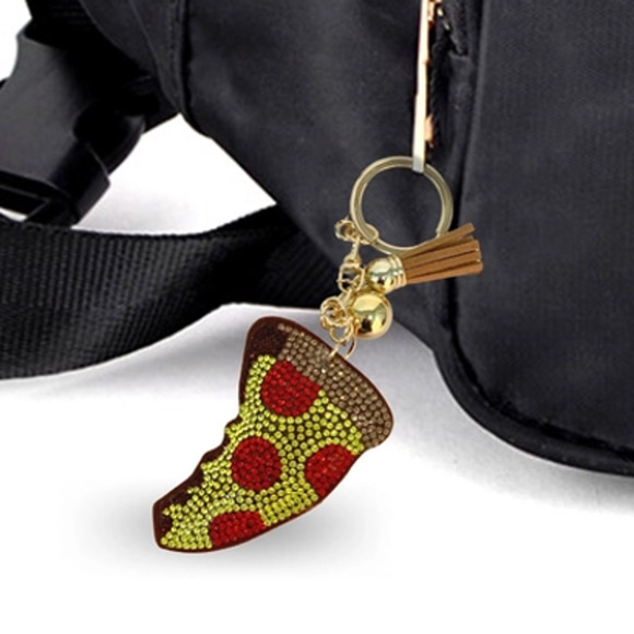 Bling Crystal Pepperoni Pizza Tassel Keychain Keyring Bag Purse Charm - Picture 3 of 4